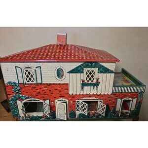 T. Cohn Tin Litho 2 Story Metal Dollhouse  1940s- 1950s Mid Century Toy Vintage